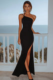 Black Satin Sheath Long Formal Dress with Slit