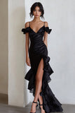Black Cold Shoulder Ruffled Formal Dresswith Slit