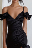 Black Cold Shoulder Ruffled Formal Dresswith Slit