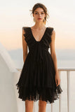 Black Chiffon A Line Ruffled Short Graduation Dress