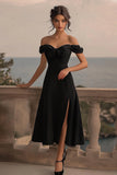 Black Satin A Line Formal Dress with Slit