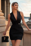 Black Deep V-Neck Bodycon Satin Short Graduation Dress
