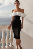Black and White Satin Bodycon Midi Cocktail Dress