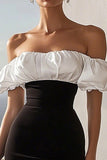 Black and White Satin Bodycon Midi Cocktail Dress