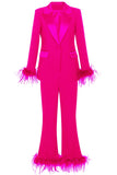 Fuchsia 2 Piece Peak Lapel  Women Prom Suits with Feather