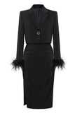 Black 2 Piece Notched Lapel Women Prom Suits with Feather