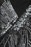 Sparkly Black Peak Lapel Double Breasted Women Prom Blazer with Beading