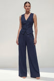 Navy 2 Piece Satin Sleeveless Women Prom Suits