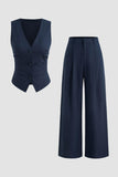 Navy 2 Piece Satin Sleeveless Women Prom Suits