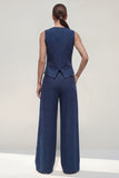 Navy 2 Piece Satin Sleeveless Women Prom Suits