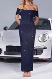 Sparkly Off The Shoulder Mermaid Navy Party Dress