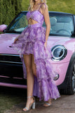 Purple Floral A Line Tiered Cut Out High-Low Prom Dress