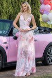 Pink Printed V-Neck A Line Party Dress