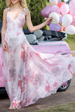 Pink Printed V-Neck A Line Party Dress