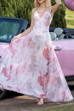 Pink Printed V-Neck A Line Party Dress