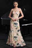 Pink Printed Spaghetti Straps Mermaid Party Dress