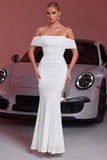 Sparkly Off The Shoulder Ruched White Party Dress