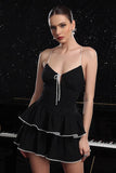 Black Tiered Spaghetti Straps A Line Striped Cocktail Dress