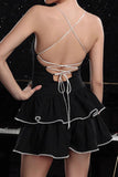 Black Tiered Spaghetti Straps A Line Striped Cocktail Dress