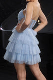 Glitter Blue Strapless Corset Tiered A Line Cocktail Dress
