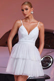 White Spaghetti Straps Tiered A Line Graduation Dress With Appliques
