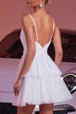 White Spaghetti Straps Tiered A Line Graduation Dress With Appliques