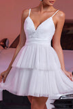 White Spaghetti Straps Tiered A Line Graduation Dress With Appliques