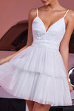 White Spaghetti Straps Tiered A Line Graduation Dress With Appliques