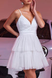 White Spaghetti Straps Tiered A Line Graduation Dress With Appliques