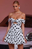 Off The Shoulder White Black Dots A Line Cocktail Dress
