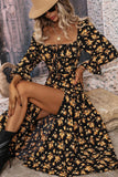 Black Yellow Floral A Line Summer Dress with Long Sleeves