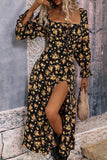 Black Yellow Floral A Line Summer Dress with Long Sleeves