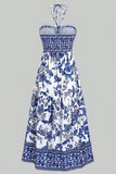 White Blue Floral Halter A Line Summer Dress
