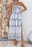 White Blue Floral Halter A Line Summer Dress