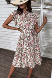White Pink Floral A Line Pleated Summer Dress
