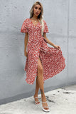 Floral V Neck Red Summer Daress