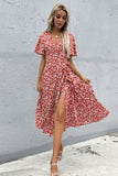 Floral V Neck Red Summer Daress