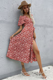 Floral V Neck Red Summer Daress