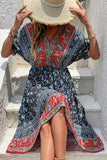 Printed A Line V Neck Red Summer Dress