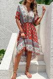 Printed A Line V Neck Red Summer Dress