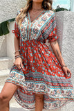 Printed A Line V Neck Red Summer Dress