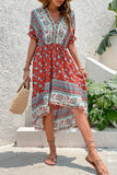 Printed A Line V Neck Red Summer Dress