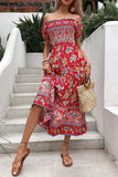 Off the Shoulder A Line Green Printed Summer Dress