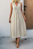 V Neck Khaki A Line Casual Summer Dress with Pockets