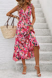 Fuchsia Floral V Neck Midi Summer Dress