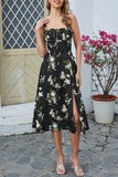 Green Spaghetti Straps Printed Summer Dress With Slit