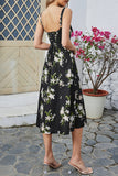 Green Spaghetti Straps Printed Summer Dress With Slit