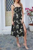 Green Spaghetti Straps Printed Summer Dress With Slit
