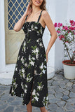 Green Spaghetti Straps Printed Summer Dress With Slit