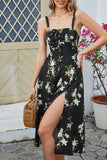 Green Spaghetti Straps Printed Summer Dress With Slit